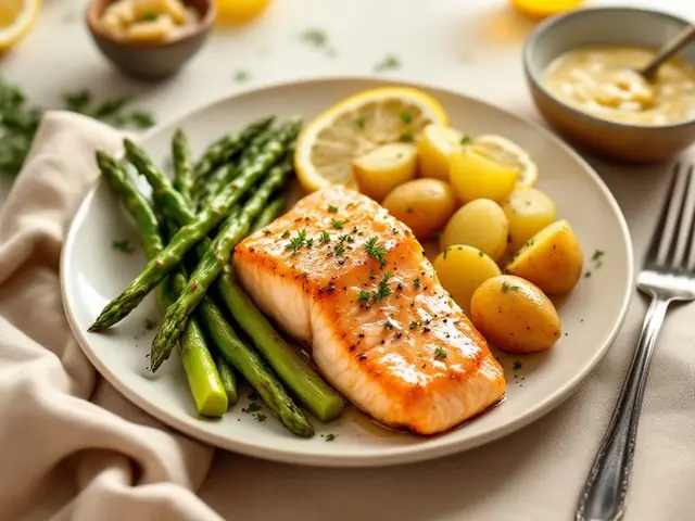 Honey Mustard Salmon with Potatoes and Asparagus