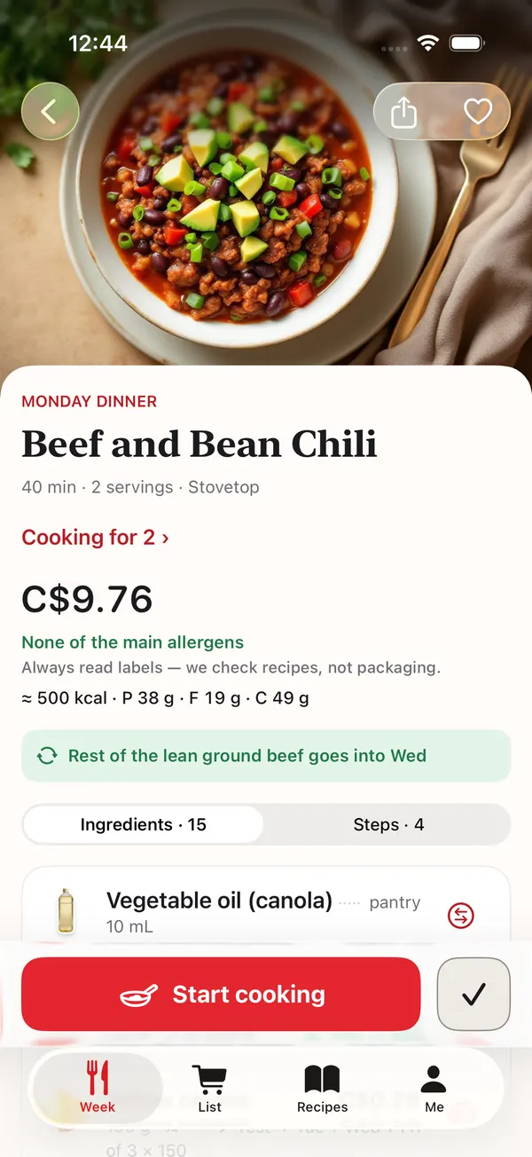 Recipe screen: dinner photo, price, allergens and ingredients