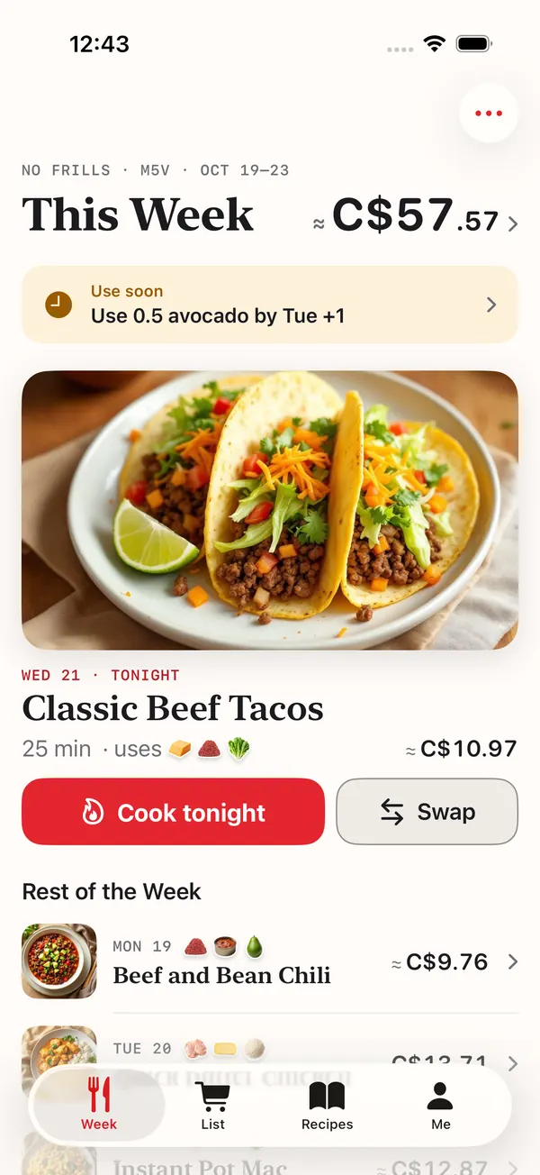 This Week screen: tonight's dinner, the rest of the week and the estimated total